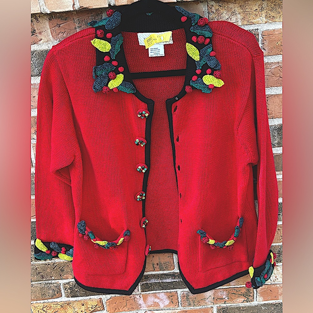 Lisa Nichols Holiday Sweater,Appliquéd Leaves And Berry Trim Sample , Size M